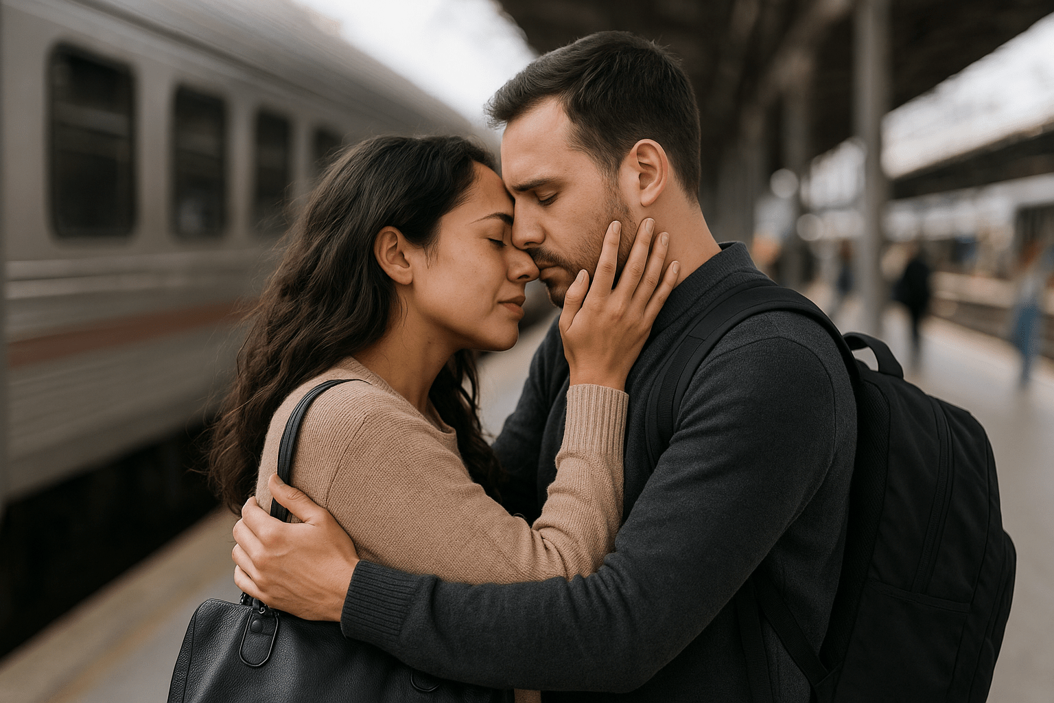 Casal se despedindo em uma estação de trem, abraçados e com olhos fechados, transmitindo emoção antes de uma viagem.