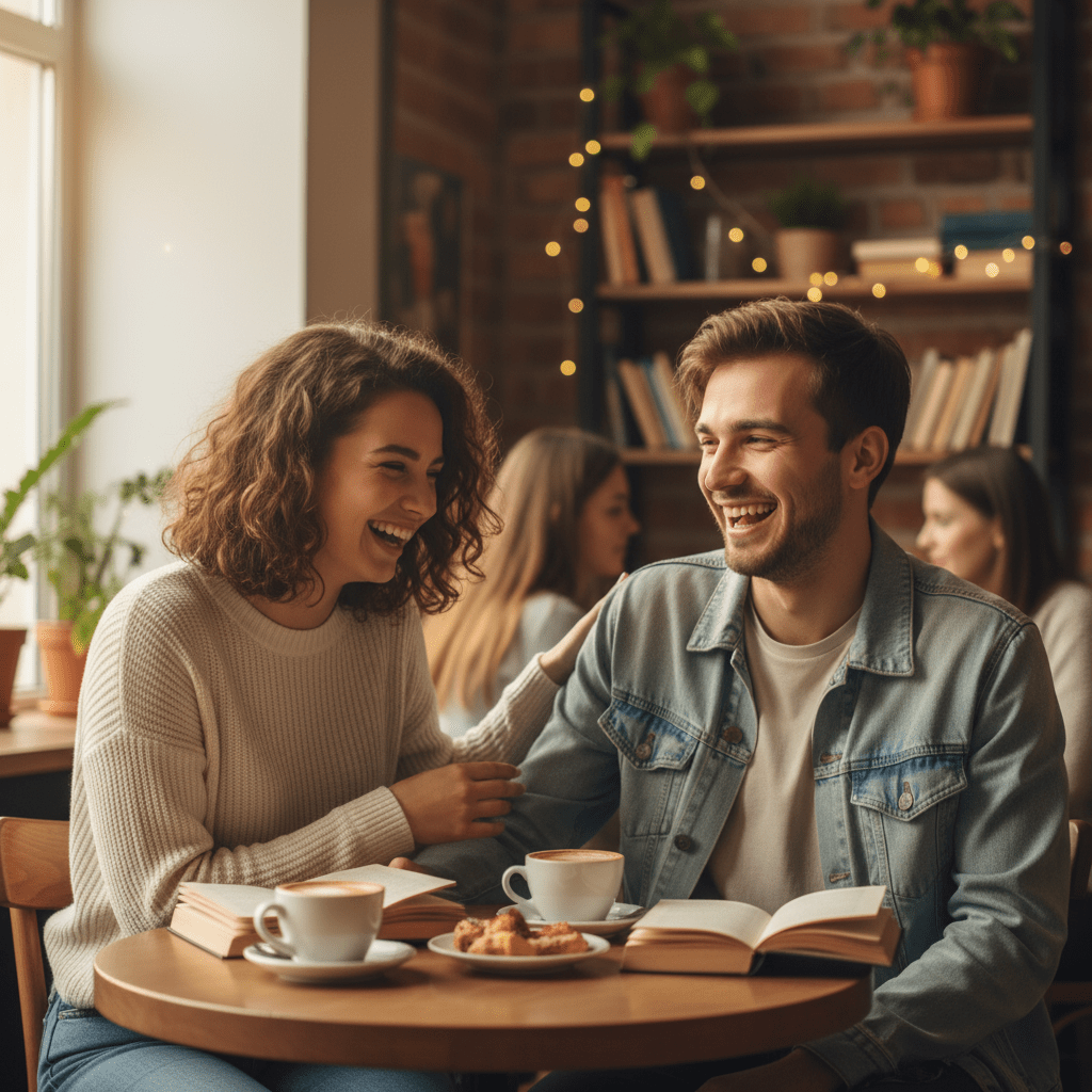 Casal sorrindo em um café, compartilhando momentos de cumplicidade e amizade no relacionamento