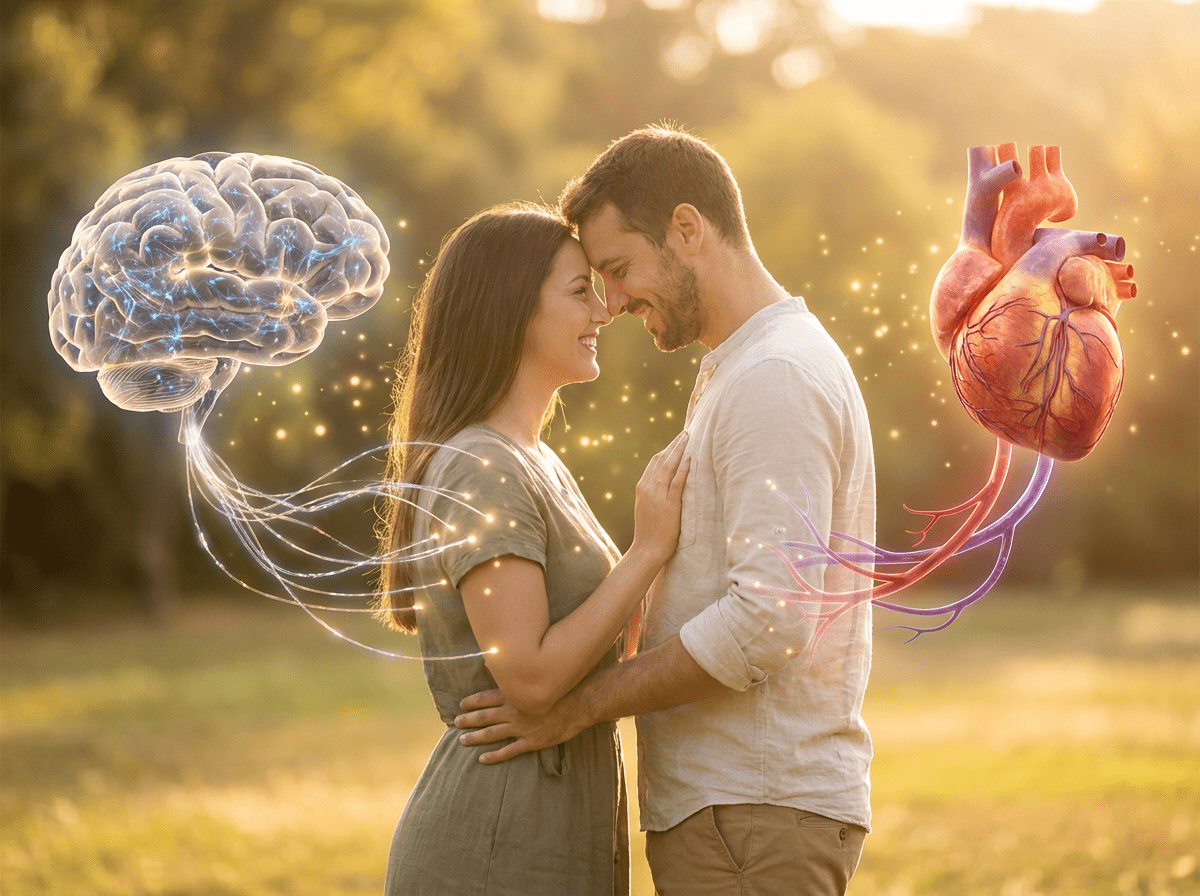 Uma imagem fotorealista mostrando um casal apaixonado em um momento romântico, com cérebro e coração anatômicos realistas integrados na composição. O cérebro humano está posicionado lateralmente com padrões de atividade neural sutil, conectado ao casal por caminhos neuronais translúcidos. O coração anatômico está localizado ao lado, com estruturas cardíacas visíveis e vasos sanguíneos luminosos conectando-o ao casal. Partículas douradas de luz fluiam entre todos os elementos, representando a química e conexão emocional do amor. A imagem combina fotografia romântica com visualização médica, mostrando como o amor afeta a mente e o corpo de forma realista e científica. Atmosfera quente com iluminação natural e tons dourados.