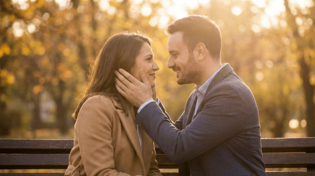 "Foto romântica de um casal sentado em um banco ao ar livre, iluminado por luz dourada intensa. A mulher de cabelo castanho escuro, vestindo casaco camel, está à esquerda com sorriso terno e olhar feliz direcionado ao homem. O homem de cabelo escuro e barba curta, usando blazer azul sobre camisa clara, está à direita com as duas mãos gentilmente abraçando o rosto dela, polegares tocando suas bochechas. O casal está próximo um ao outro com contato visual direto, transmitindo conexão profunda e amor. Luz solar forte criando halo dourado ao redor das cabeças e ombros, iluminação intensa e quente. Fundo desfocado em tons amarelos, laranjas e marrom sugestivo de folhagem outonal. Banco de madeira escuro visível na base da imagem. Representando como saber se é a pessoa certa para casar.