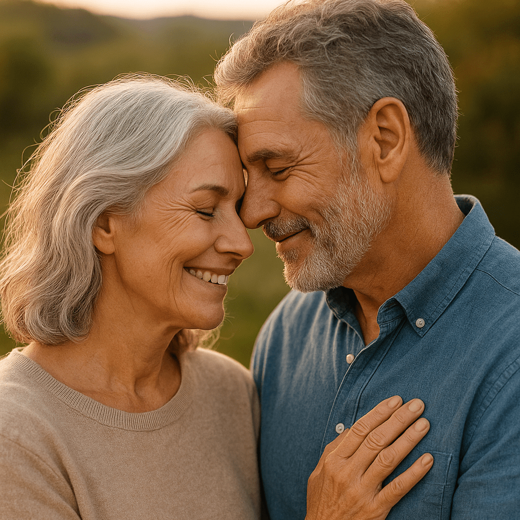 Casal maduro acima dos 50 anos trocando um gesto de carinho ao ar livre, representando o amor, a conexão emocional e os desafios de namorar depois dos 50 com maturidade.
