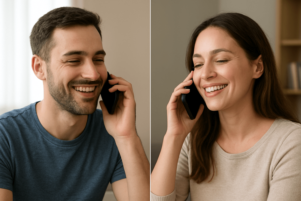 Casal em relacionamento à distância conversando pelo celular, sorrindo durante uma chamada, representando relacionamentos online e conexão emocional mesmo à distância.