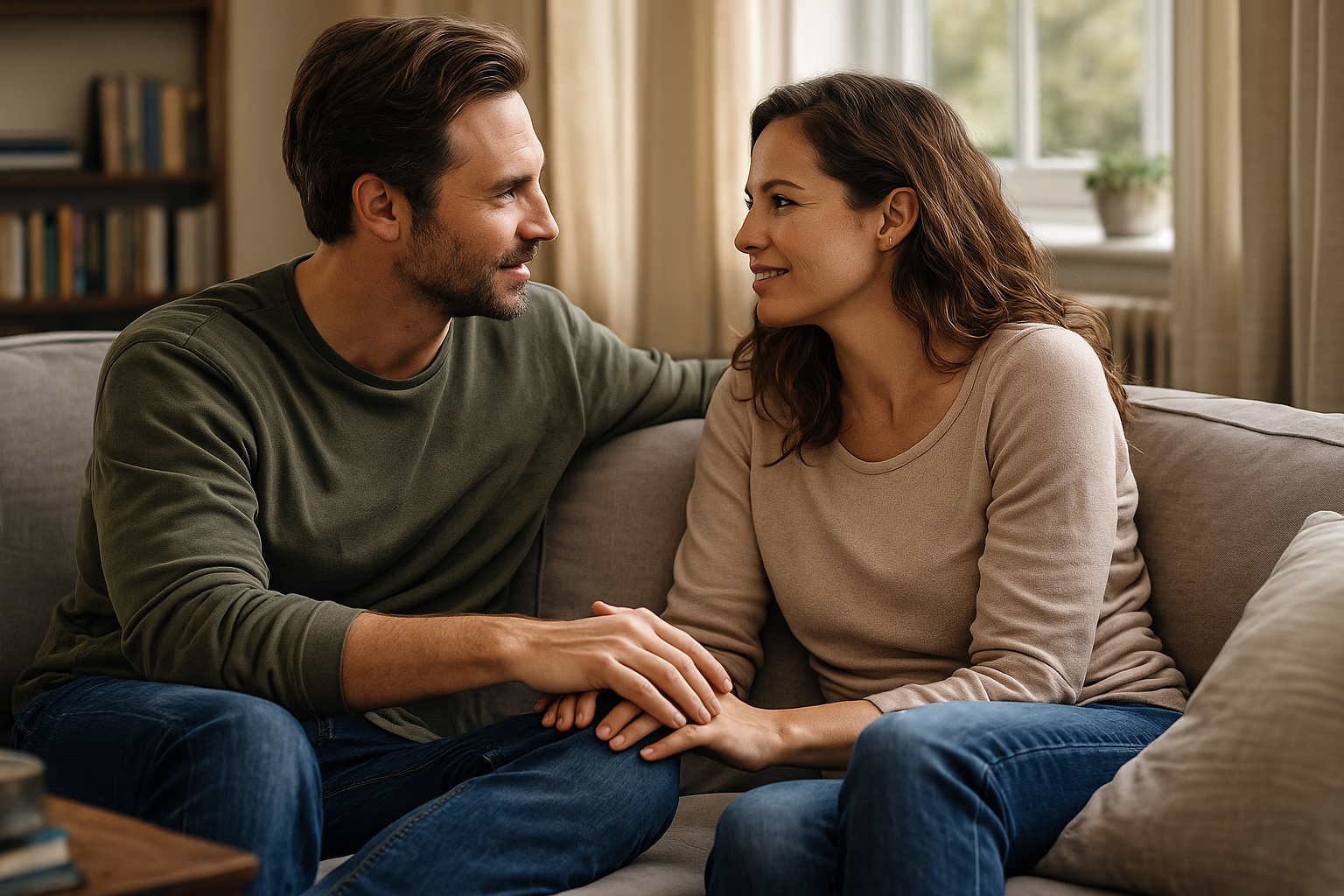 Casal sentado à mesa conversando com atenção e carinho, em um momento de conexão e comunicação profunda.