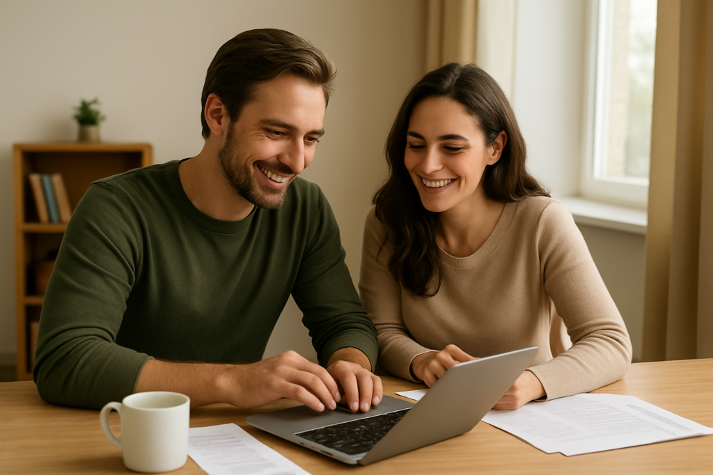 Casal sentado no sofá, sorrindo e brincando enquanto o homem toca carinhosamente o nariz da mulher, mostrando um momento descontraído e afetuoso entre os dois.