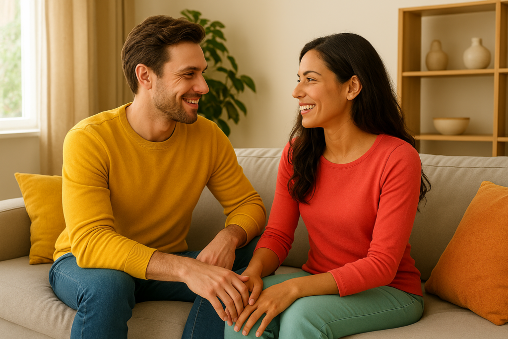 Casal sorridente em um ambiente moderno e colorido, interagindo com leveza e cumplicidade, representando harmonia e conexão no relacionamento.