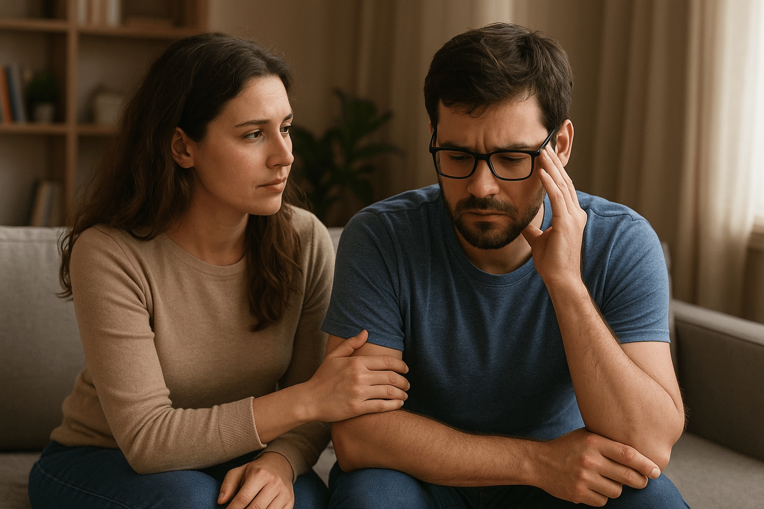 Mulher oferecendo apoio emocional a um homem visivelmente abatido sentado no sofá, representando os desafios e o cuidado mútuo em Como a Depressão Afeta o Relacionamento e o Que Fazer para Preservar a Conexão.