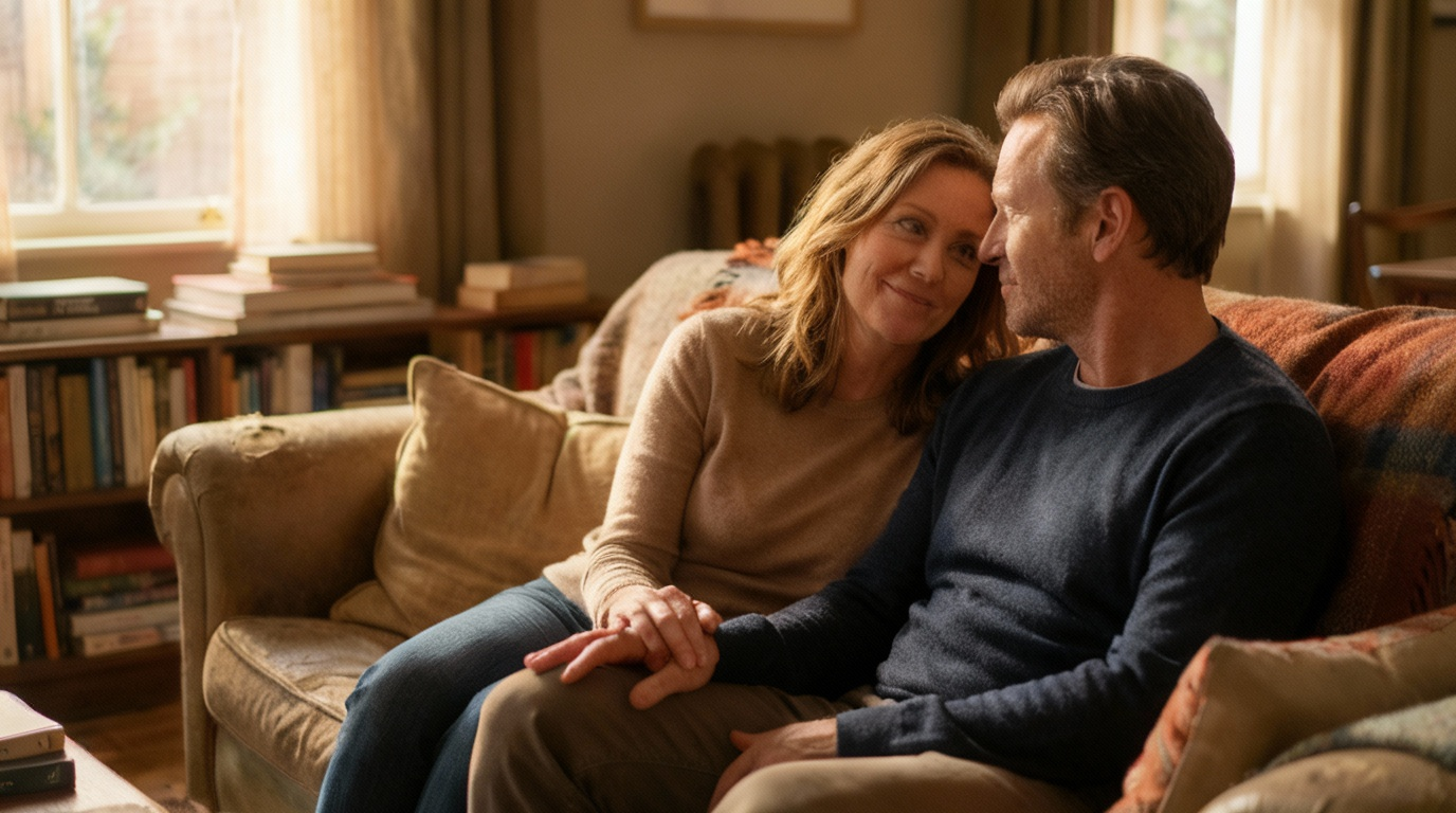 Casal maduro sentado no sofá de casa, trocando um olhar carinhoso e segurando as mãos, transmitindo conexão emocional e intimidade em um ambiente acolhedor.