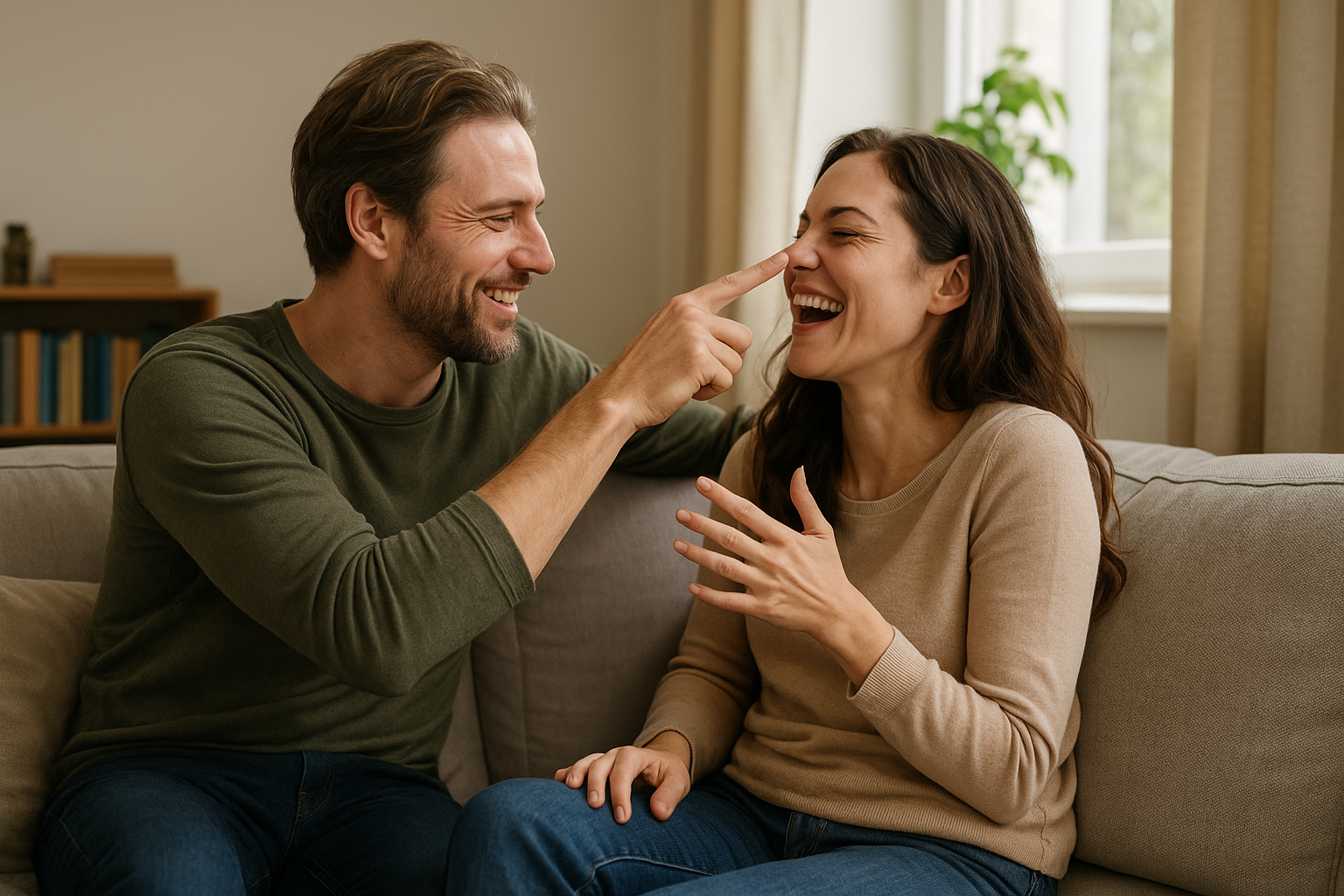 Casal sentado no sofá rindo juntos enquanto participa de brincadeiras criativas, em um momento leve que representa jogos para casais e conexão divertida a dois.