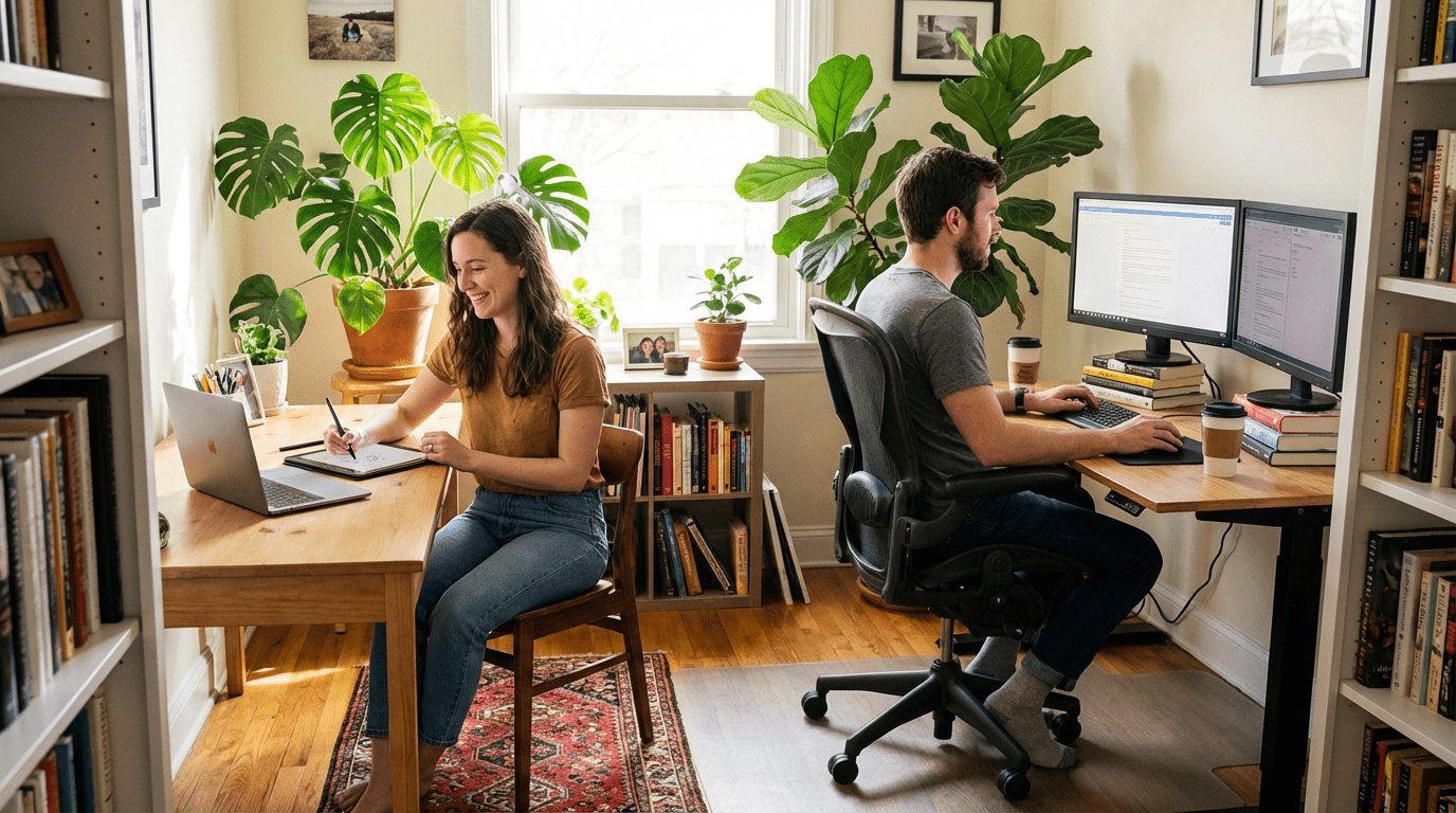 Casal em home office trabalhando em um escritório doméstico organizado, com mesas separadas, computadores, livros nas prateleiras, plantas decorativas e iluminação natural, transmitindo um ambiente confortável e produtivo.