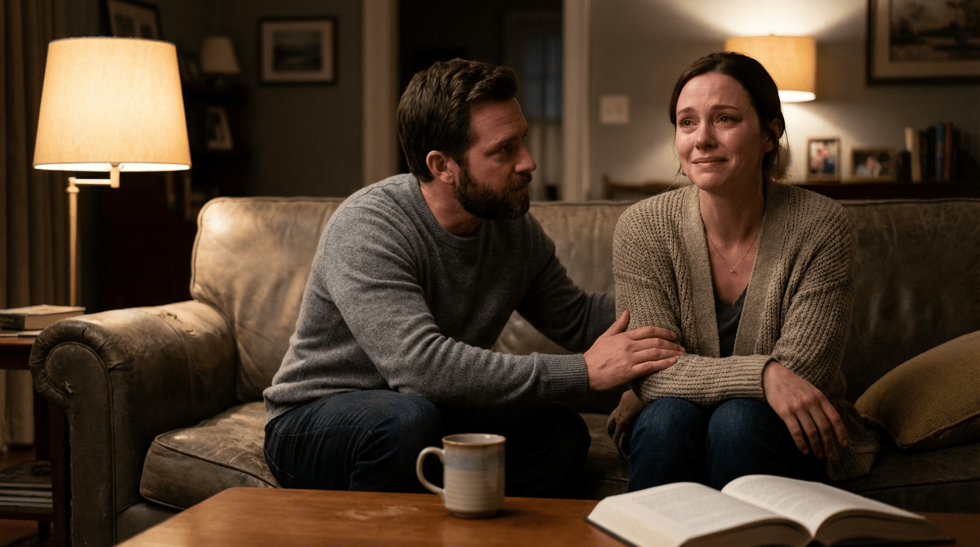 Cena íntima em sala de estar: homem e mulher sentados juntos em sofá de couro desgastado, iluminação quente e suave de lâmpadas com abajures cremes. O homem com suéter cinza conforta a mulher emocionada com lágrimas no rosto, suas mãos em contato expressando apoio mútuo. Mesa de centro com caneca bicolor e livro aberto. Estilo realista cinematográfico capturando vulnerabilidade e confiança no relacionamento.