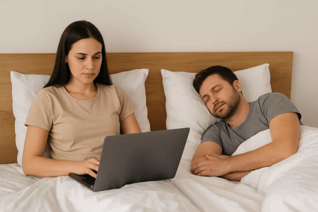 Casal deitado na cama representando um relacionamento com ritmos biológicos diferentes: enquanto um parceiro dorme tranquilamente, o outro está acordado usando um notebook, ilustrando a diferença de horários e hábitos noturnos no relacionamento.