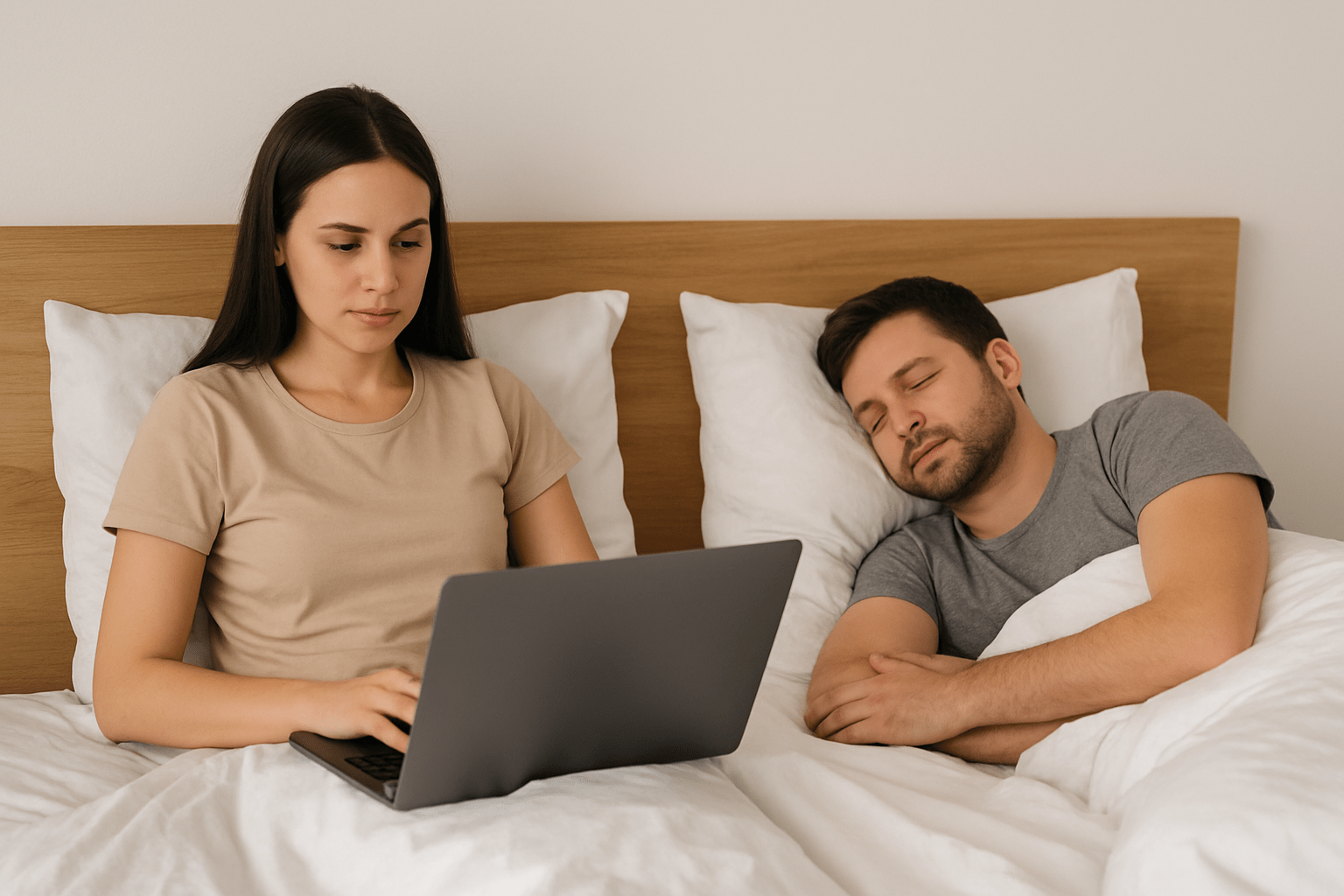 Casal deitado na cama representando um relacionamento com ritmos biológicos diferentes: enquanto um parceiro dorme tranquilamente, o outro está acordado usando um notebook, ilustrando a diferença de horários e hábitos noturnos no relacionamento.